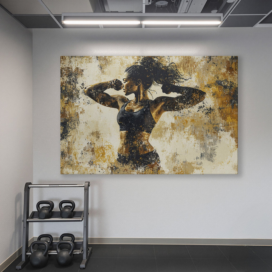 Framed Wall Art: Abstract fitness art print in a gym. Gold frame surrounds a woman in black, with a warm neutral & black color palette. Perfect gym decor!