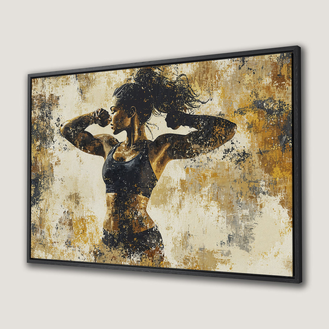 Framed Wall Art: Abstract fitness woman flexing. Modern art with a neutral, warm color palette of gold, black, and beige. Decorate your space with style!