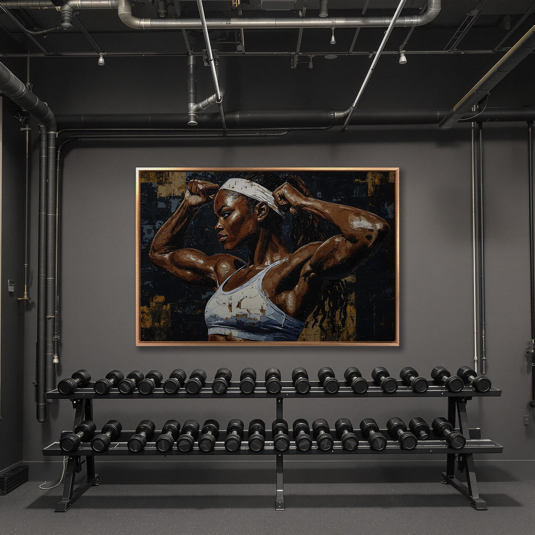 Framed Wall Art: Powerful woman portrait in a gym, showcasing strength. Dark, moody color palette with brown and black tones. Perfect for home fitness spaces.