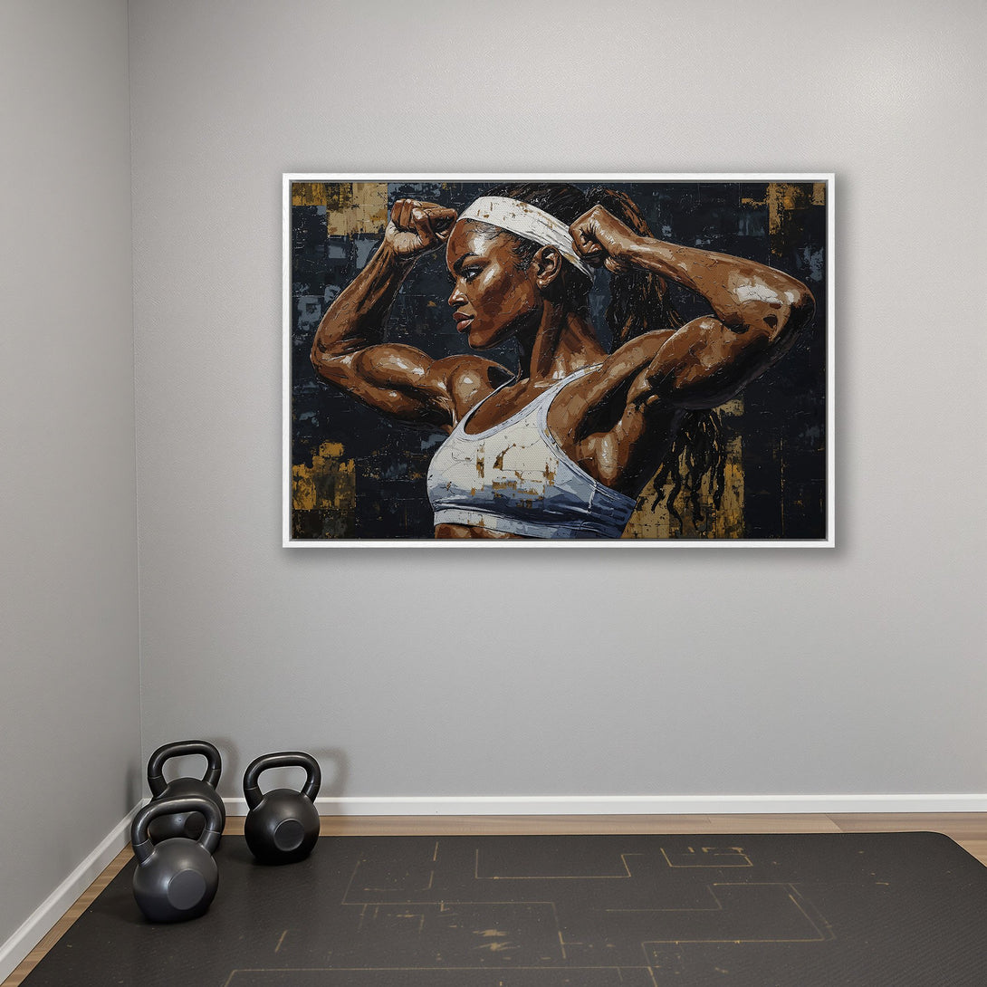 Framed Wall Art: Powerful woman in fitness art, showcasing strength. Bold, textured style with dark, earthy tones. Perfect for gym or home decor.