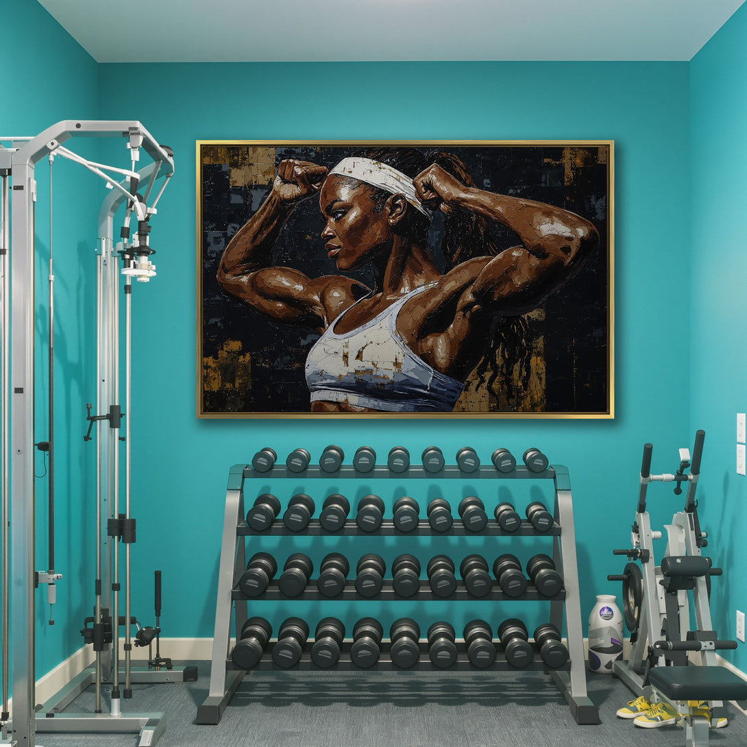 Canvas Print of a strong woman in a gym. Modern, textured art with dark, earthy tones. Perfect for fitness enthusiasts!