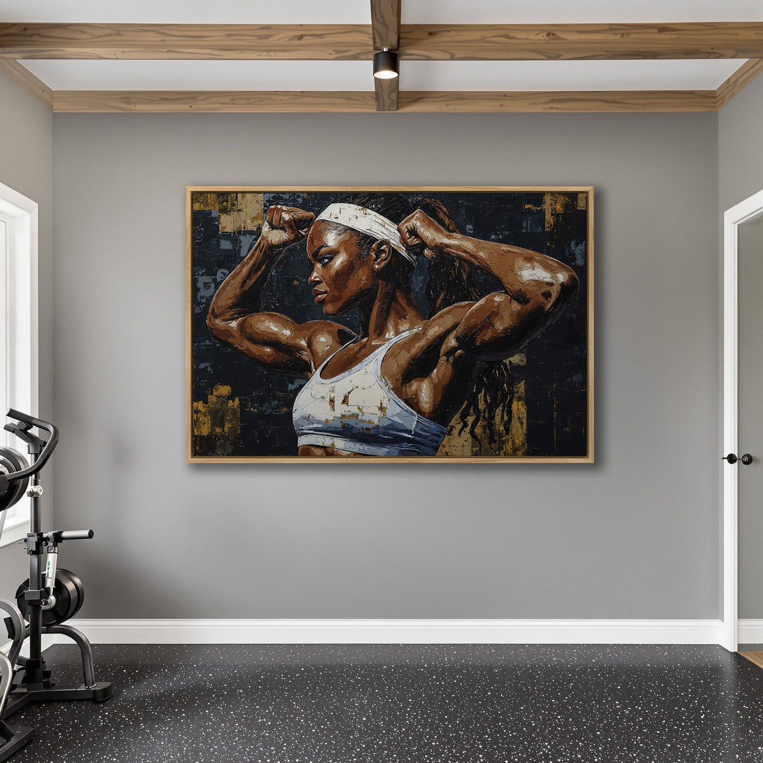 Framed Wall Art: Powerful woman flexing. Abstract art style with dark, gold, and brown tones. Perfect for a home gym or fitness space.
