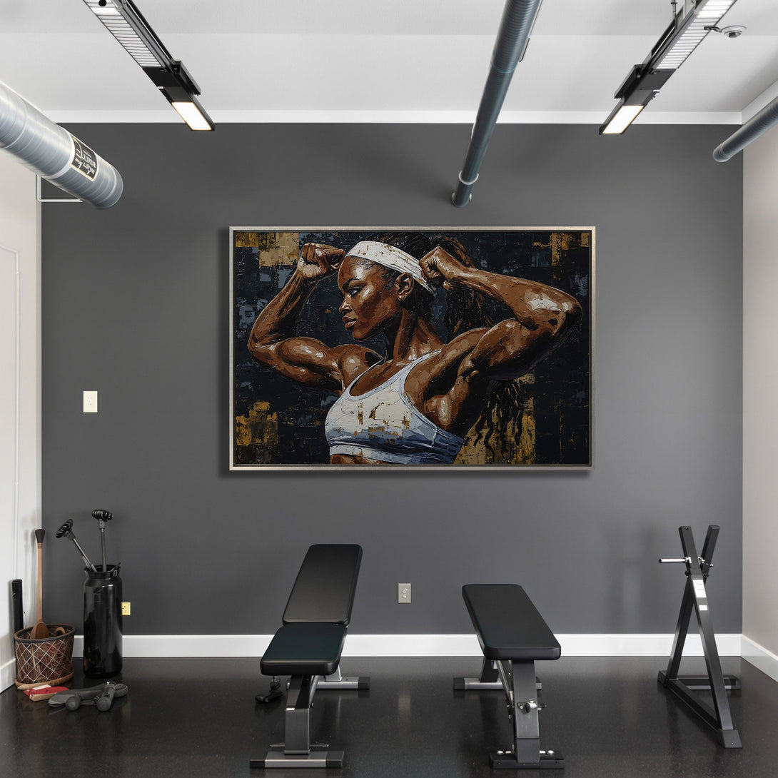 Framed Wall Art of a strong woman in a gym. Bold, textured style with a dark, earthy color palette. Perfect for home gyms!