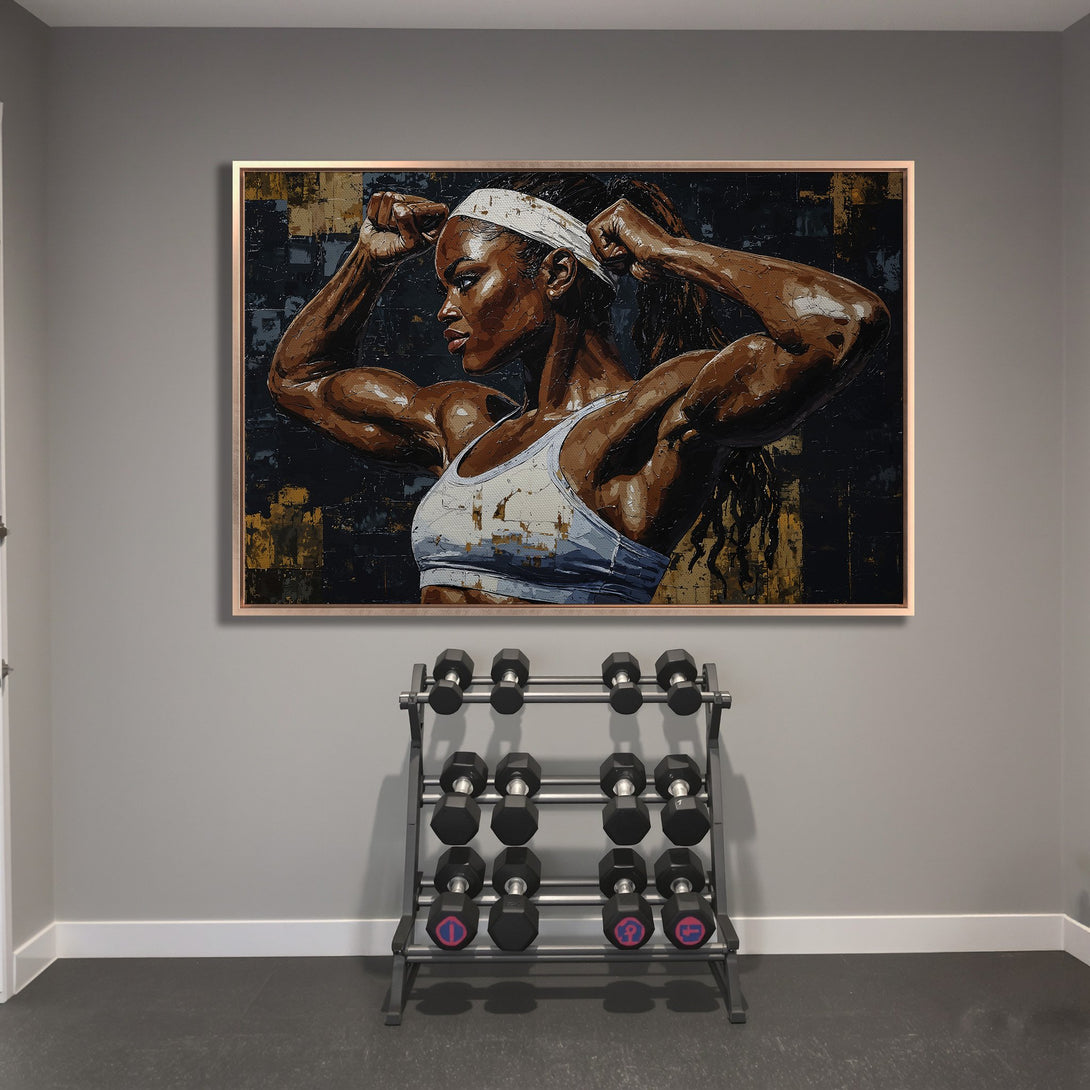 Framed Wall Art: Powerful woman portrait in a gym. Bold, textured style with a dark, earthy palette. Perfect for home gyms and fitness spaces.