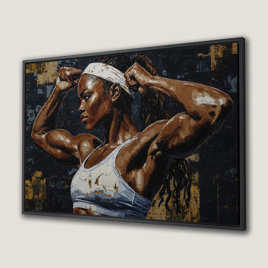 Framed Wall Art: Powerful Black woman flexing. Bold, textured oil painting style with a dark, warm color palette. Perfect for home decor.