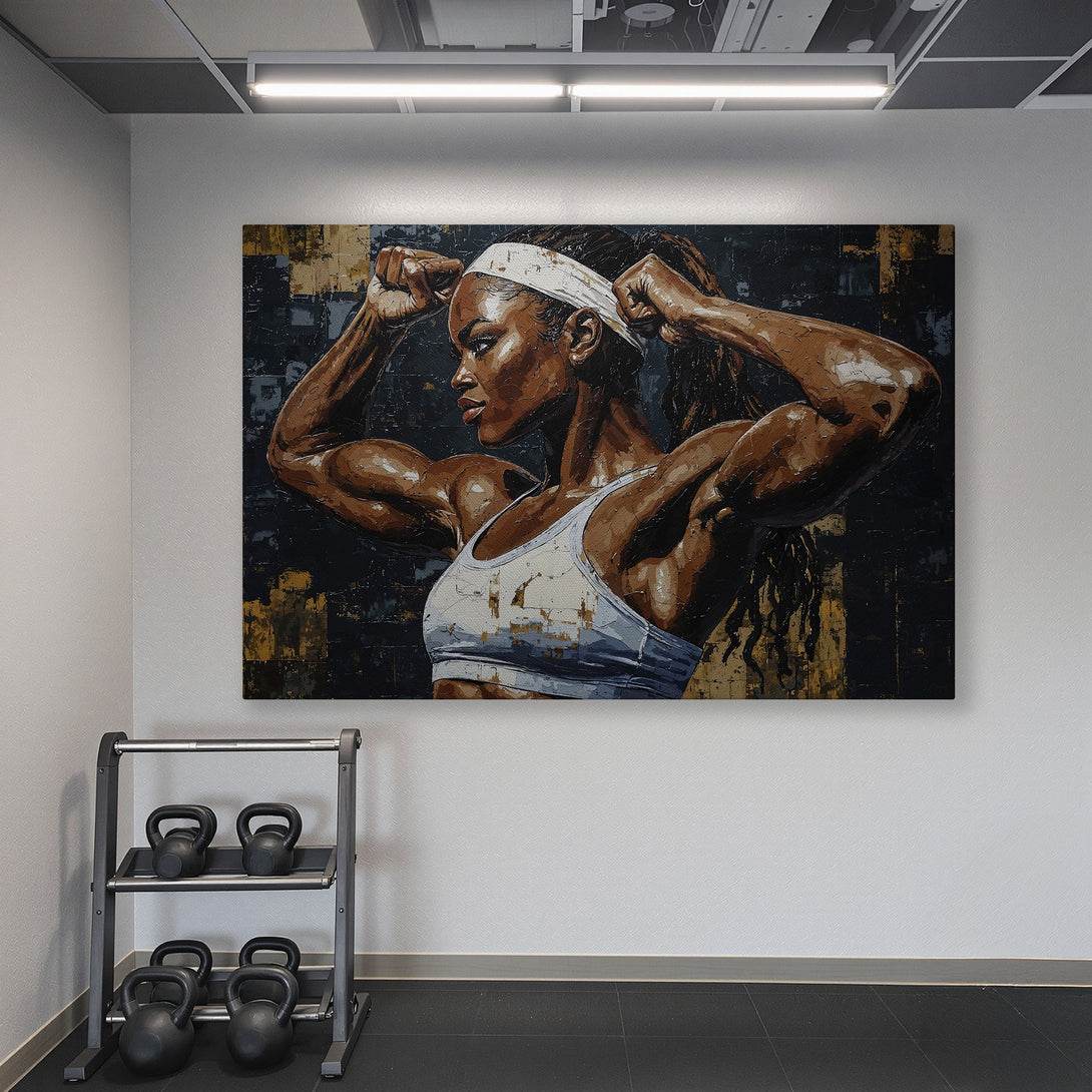 Framed Wall Art of a strong woman in a gym. Bold, textured artwork in brown and white tones, perfect for a home fitness space.