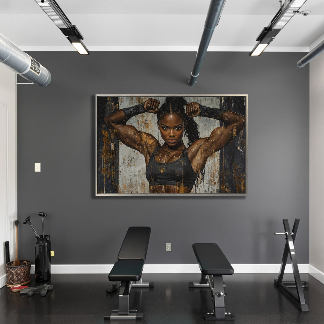 Framed Wall Art featuring a powerful woman in a gym setting. Modern abstract style with a warm, earthy color palette. Perfect for home decor!