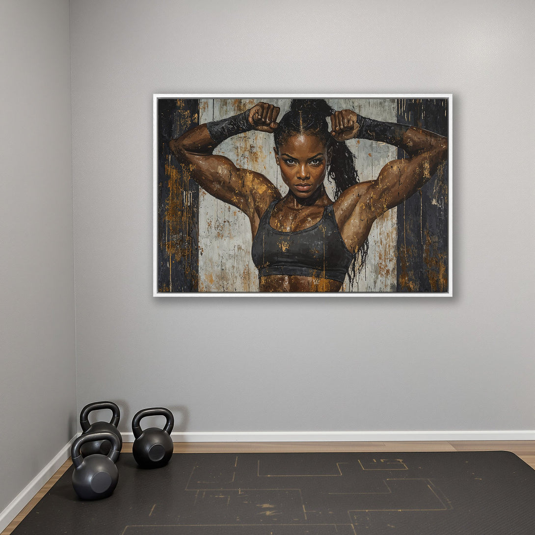 Framed Wall Art: Powerful female athlete canvas print. Modern art with black, gold, and neutral tones. Perfect for home gym decor.