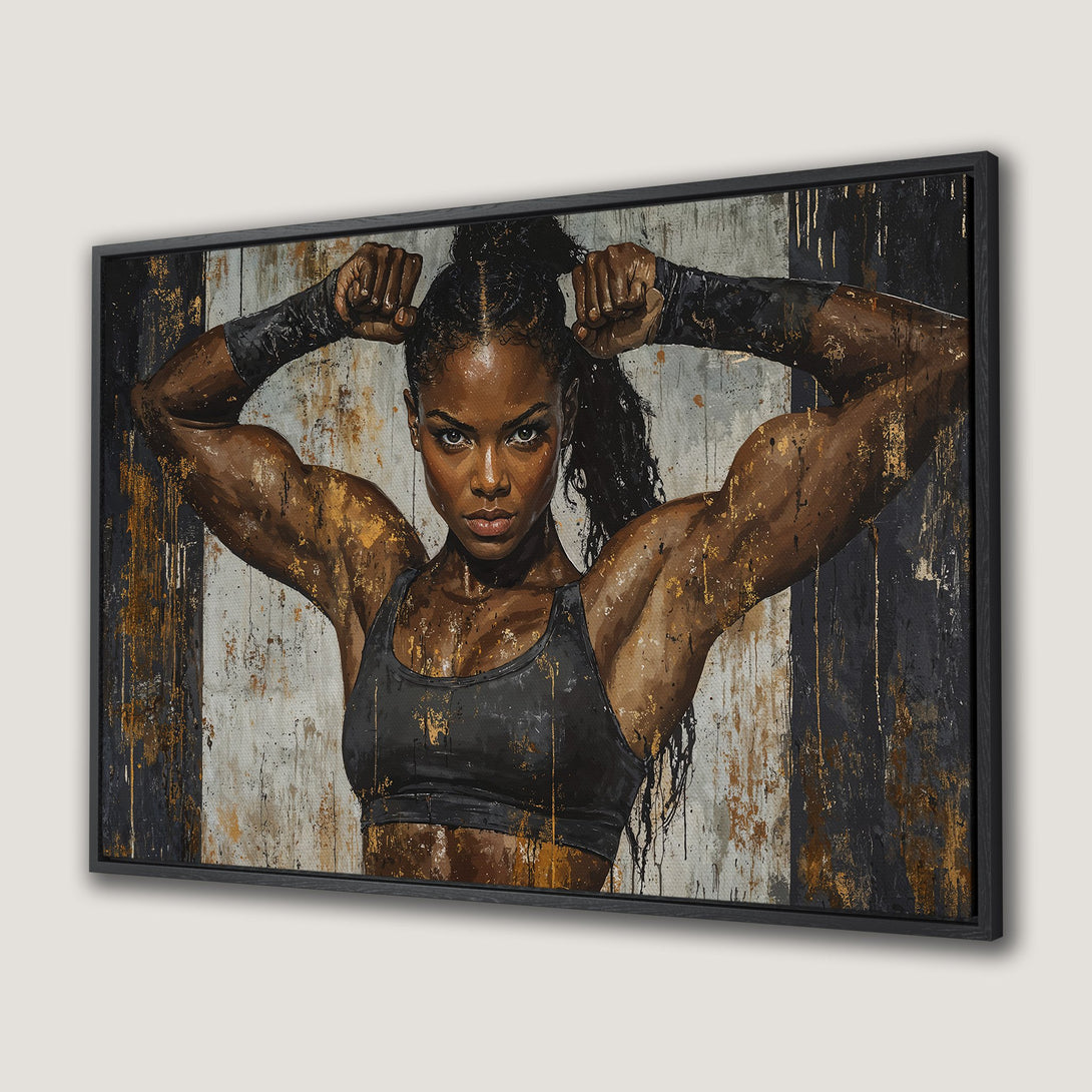 Framed Wall Art: Powerful woman portrait in bold black, brown, and gold tones. Abstract style Canvas Print perfect for modern decor.