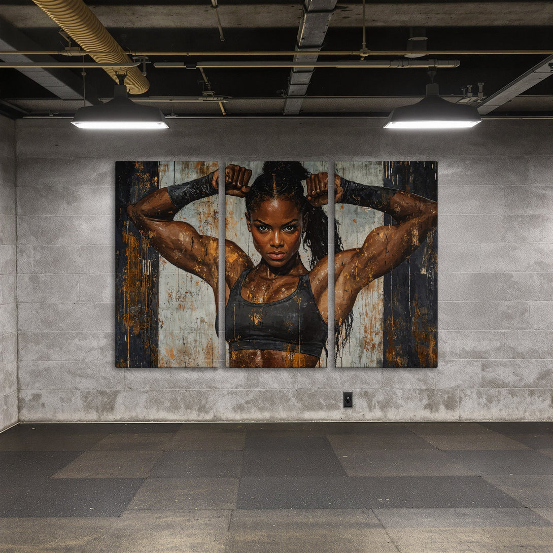 Canvas Print of a powerful Black woman flexing. Modern art style with a neutral, warm color palette. Perfect for home gyms and fitness spaces.