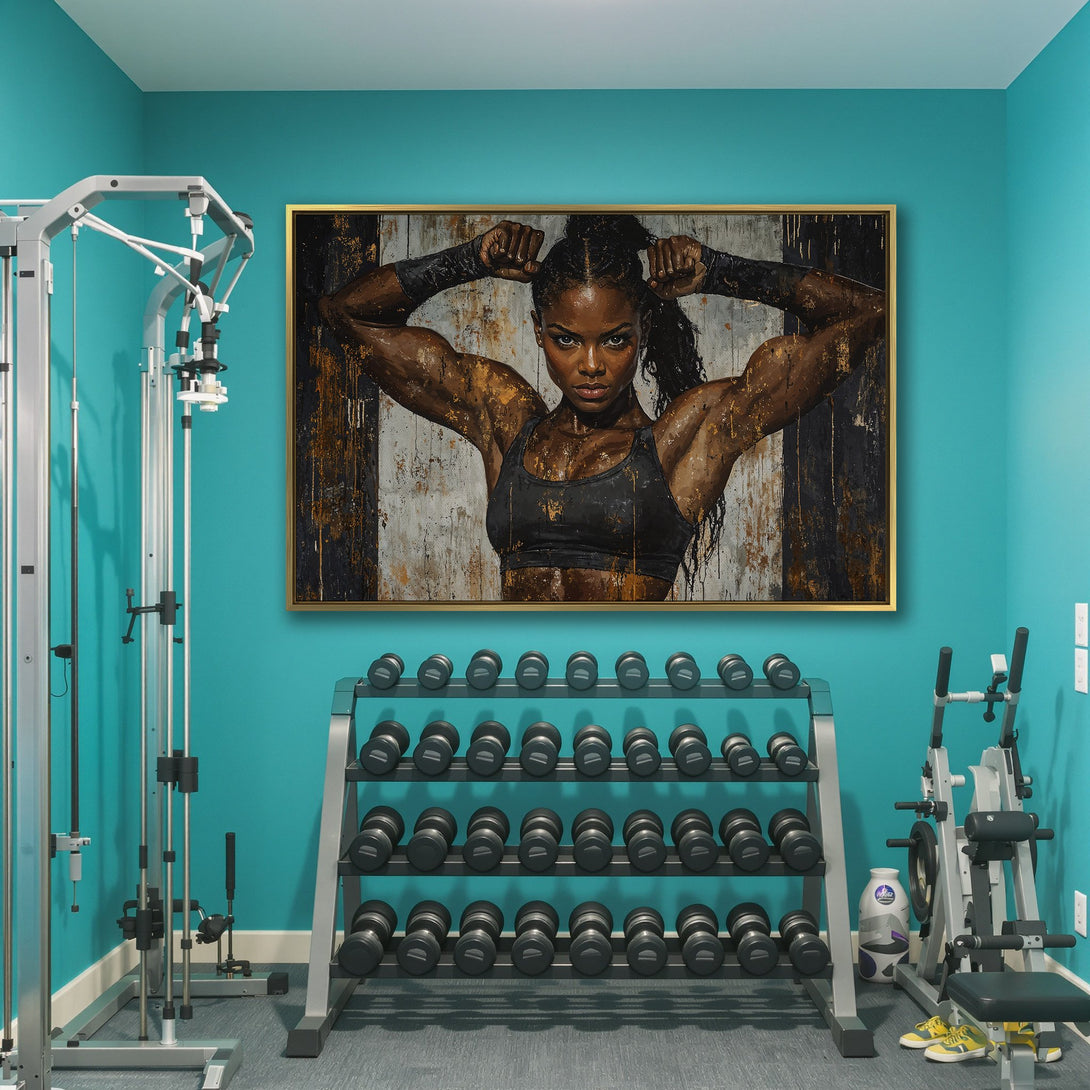 Canvas Print of a strong woman in a gym. Abstract art with a black, gold, and brown color palette. Perfect for home gym decor!