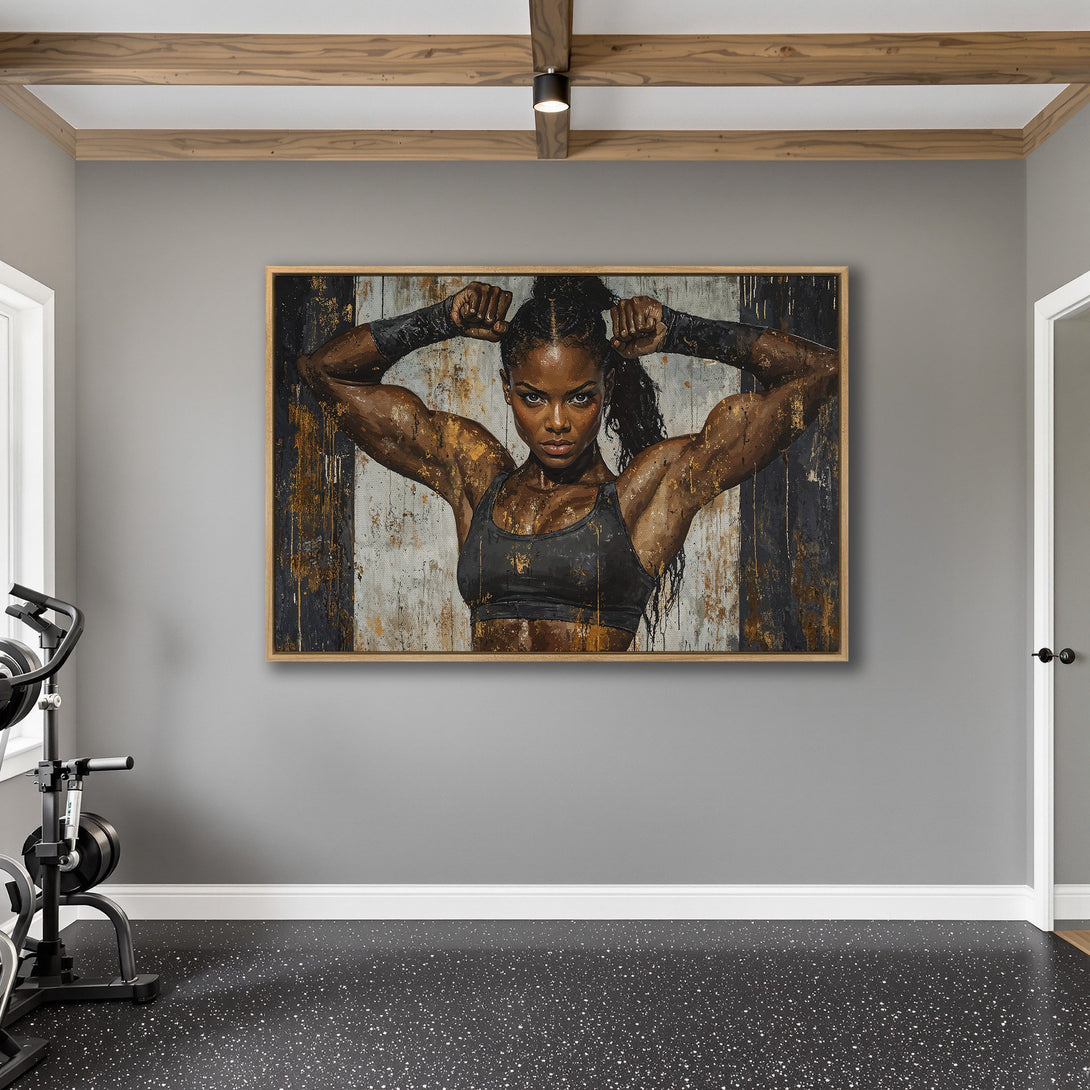 Framed Wall Art of a strong woman in a gym. Modern art style with a black, white, and gold color palette. Perfect for home gym decor.