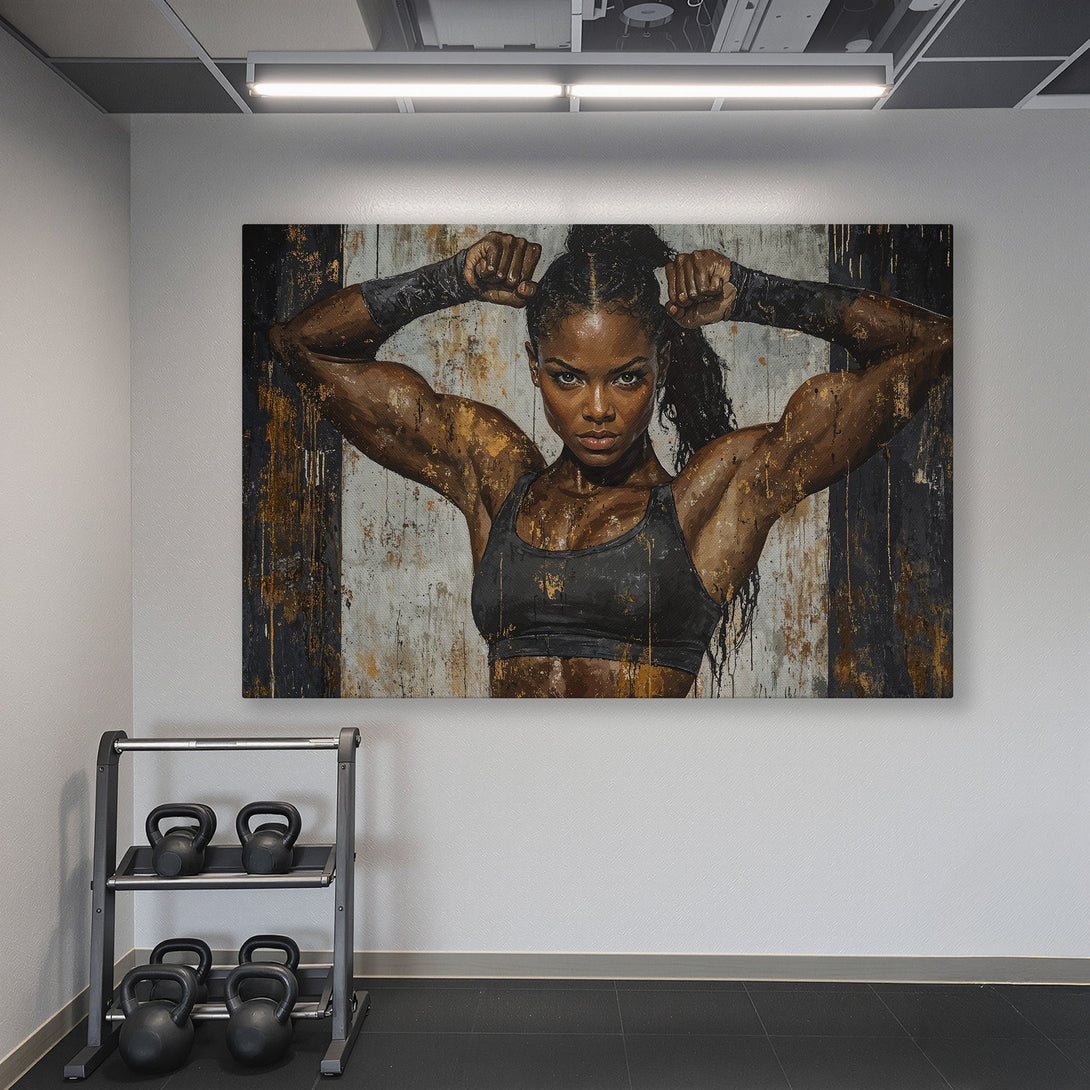 Framed Wall Art of a strong woman in a gym. Abstract style with a warm brown and black palette, displayed in a teal room. Perfect for fitness enthusiasts.