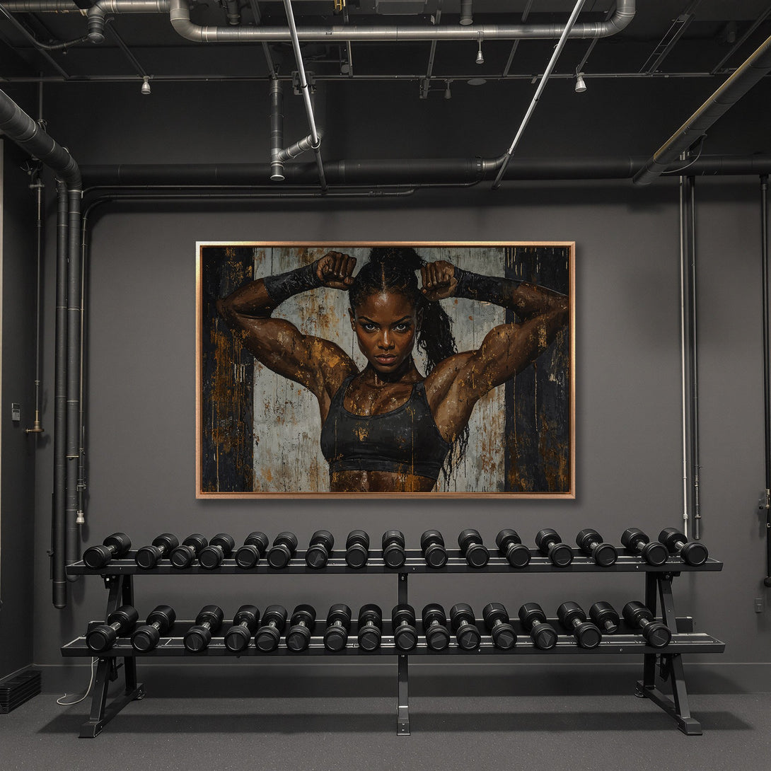 Framed Wall Art featuring a powerful female athlete, abstract style, with a black, gold, and neutral color palette, perfect for gym decor.