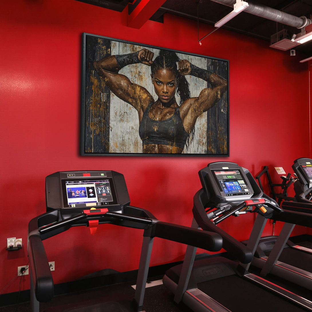 Framed Wall Art: Powerful woman portrait in a gym. Bold, artistic style with a red, black, and gold color palette. Perfect for fitness enthusiasts.