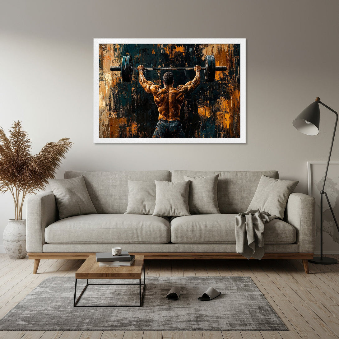 Framed Poster: Abstract art of weightlifter, bold brushstrokes, warm orange & dark blue tones. Perfect for home gym decor.