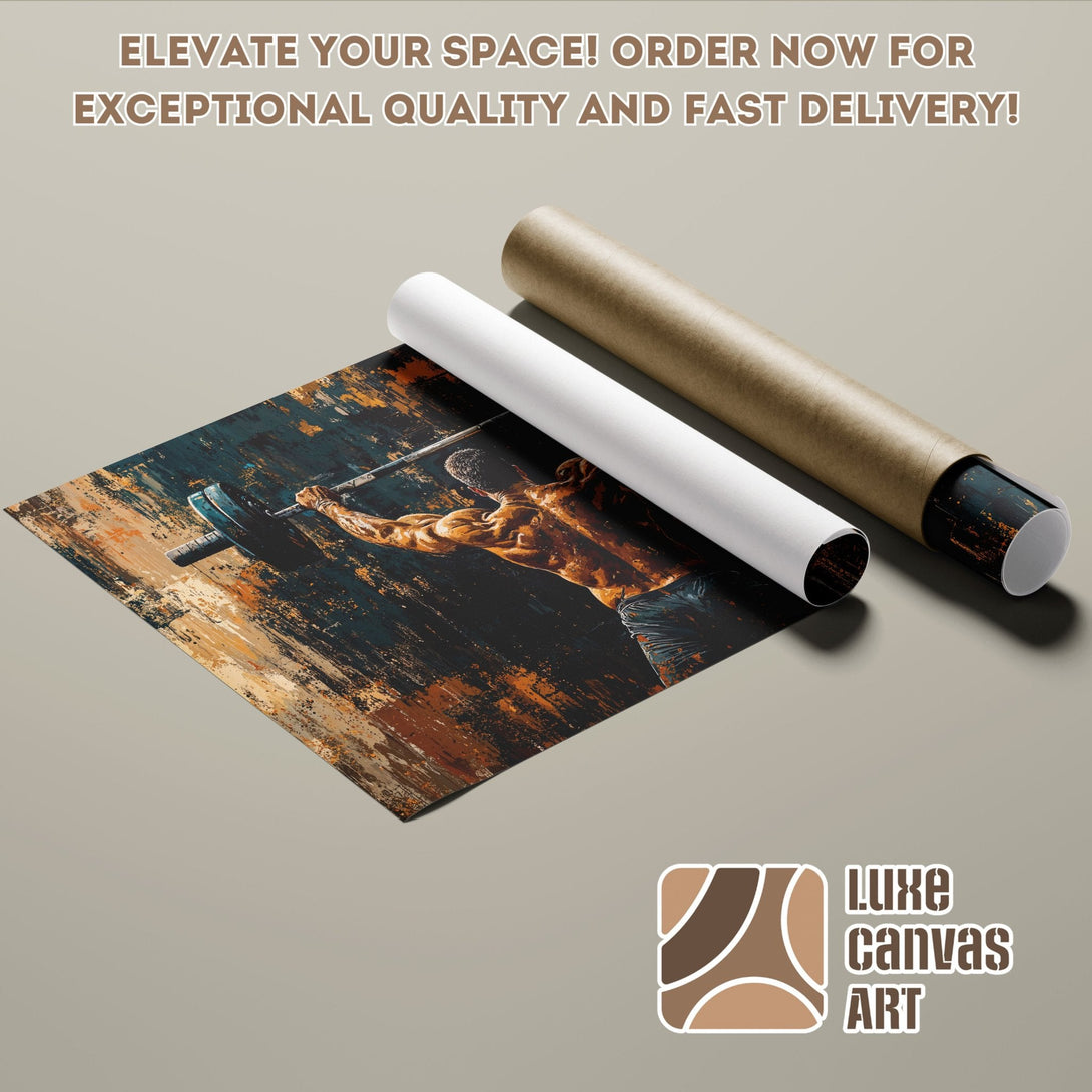 Abstract gym poster roll, dark blue, brown, and orange color palette, perfect for your home gym!