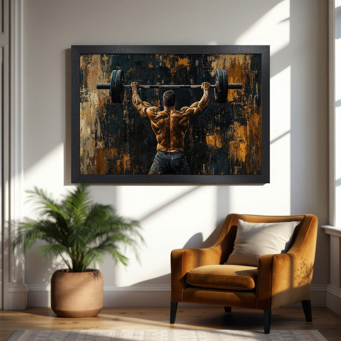 Framed Poster featuring a weightlifter, abstract style, with a dark, gold, and black color palette. Perfect for gym decor!