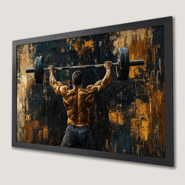 Framed Poster of a weightlifter in an abstract style, featuring a black, brown, and gold color palette.