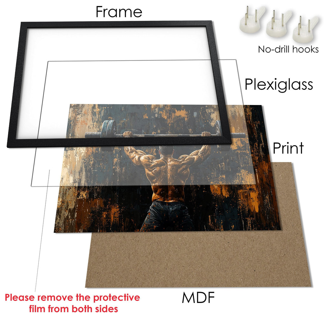 Framed Poster of a weightlifter in an abstract style with a dark, warm color palette. Perfect for your home gym!