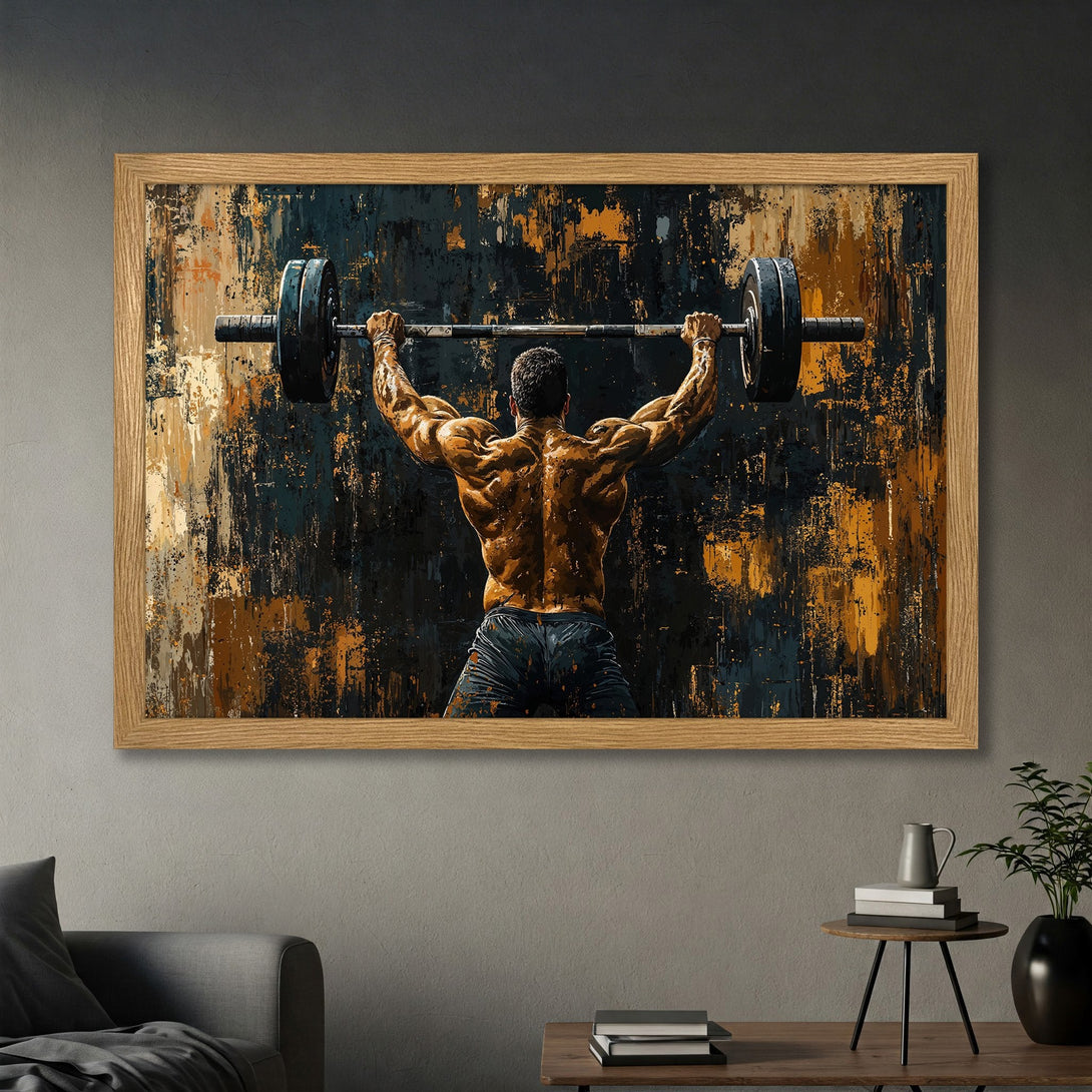 Framed Poster of a bodybuilder lifting weights. Abstract style with a dark, gold, and brown color palette. Perfect for gym decor.