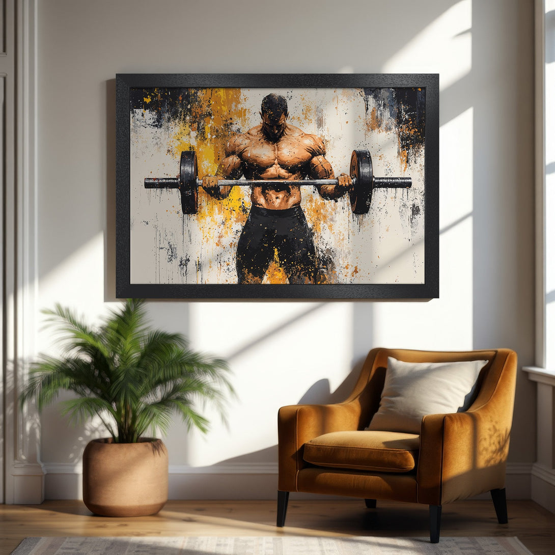 Framed Poster featuring a weightlifter in an abstract style with a warm color palette. Perfect for gym decor!
