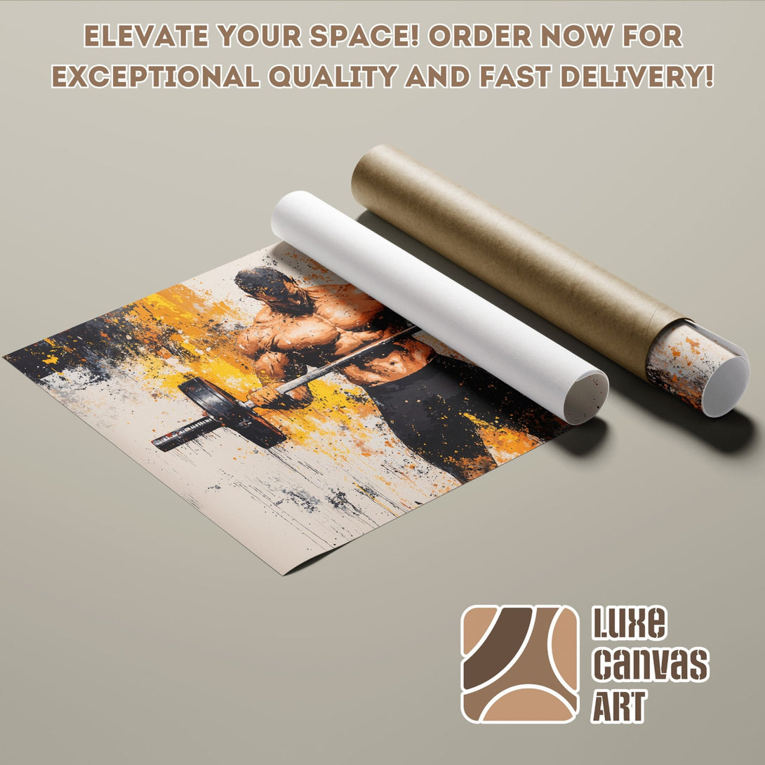 Abstract art Poster Roll featuring a weightlifter, warm color palette. Elevate your space!