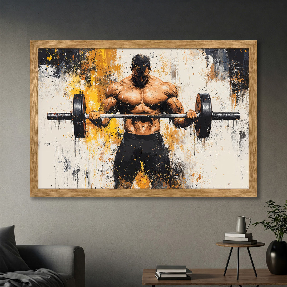 Framed Poster of a bodybuilder lifting weights, abstract style with yellow, black, and white color palette. Perfect gym decor!