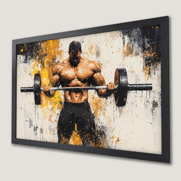Framed Poster of a weightlifter. Abstract art style with a black, gold, and beige color palette. Perfect for your home gym!
