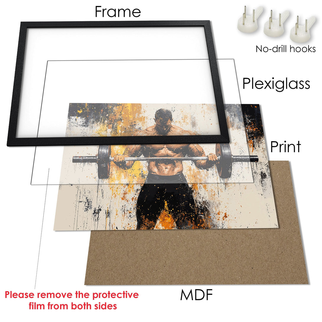 Framed Poster of a weightlifter in an abstract style, featuring a black, orange, and neutral color palette. Perfect for your home gym!