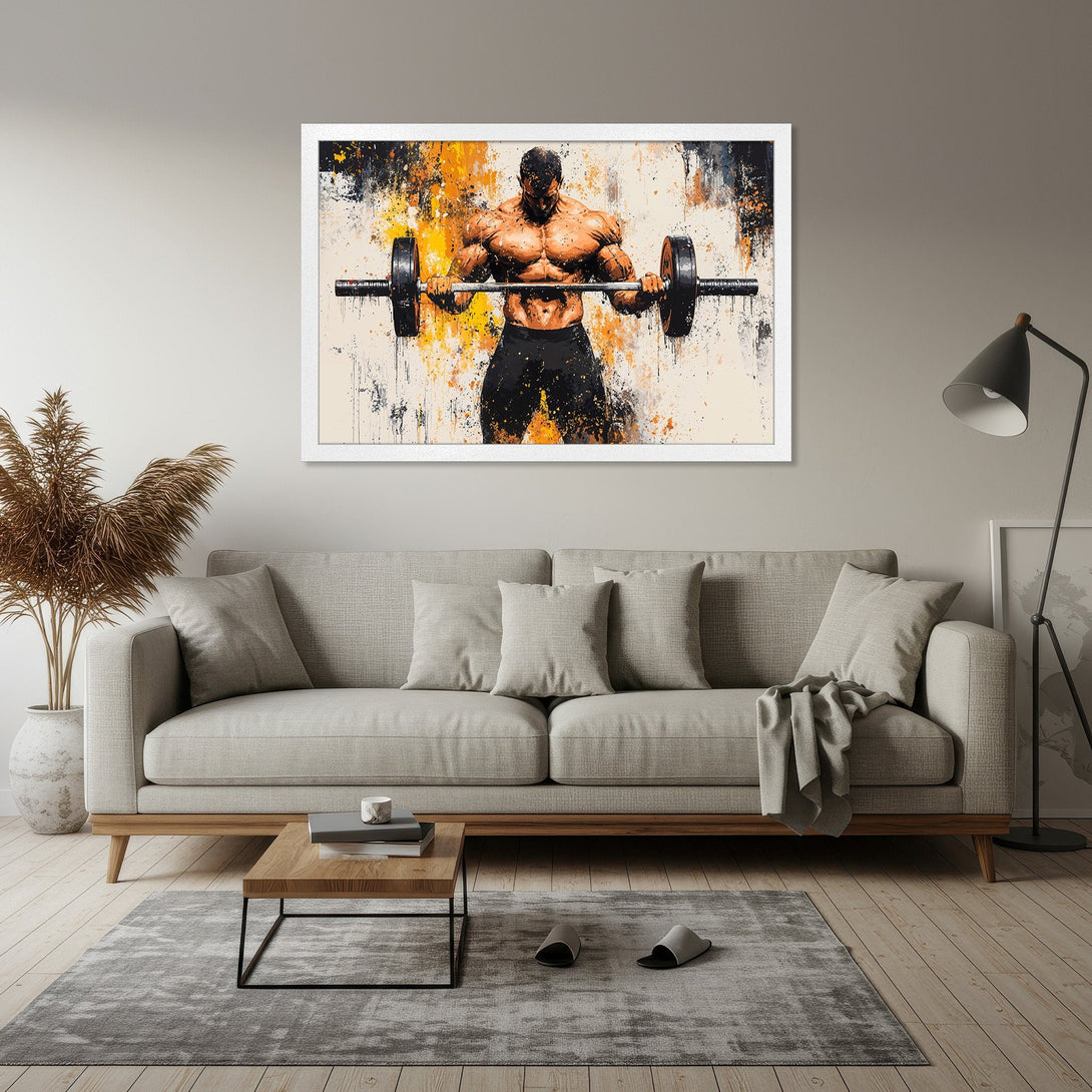 Framed Poster of a muscular bodybuilder lifting weights, abstract style with orange, black, and cream color palette. Perfect for gym decor.