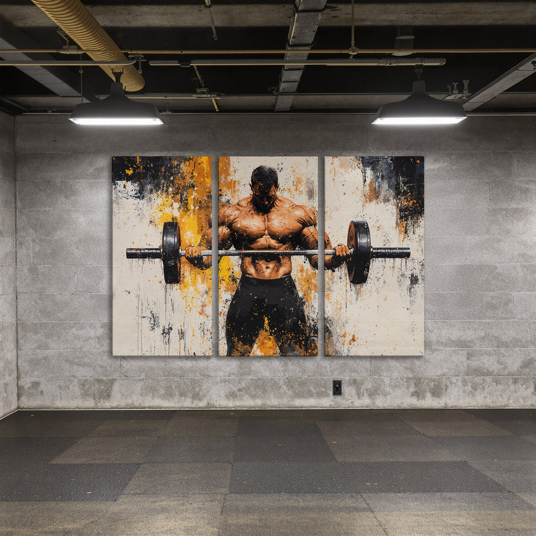 Canvas Print of a muscular weightlifter in abstract style, featuring a bold orange, black, and white color palette. Perfect for gym decor!