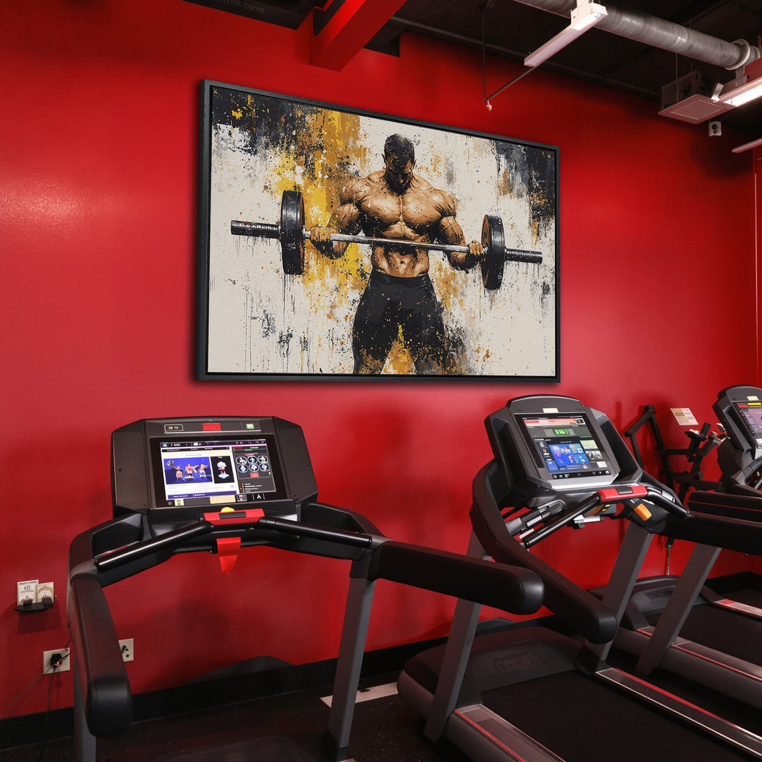 Framed Wall Art: Abstract painting of a weightlifter in a gym. Bold, energetic style with a red, black, and yellow color palette. Perfect for fitness enthusiasts.