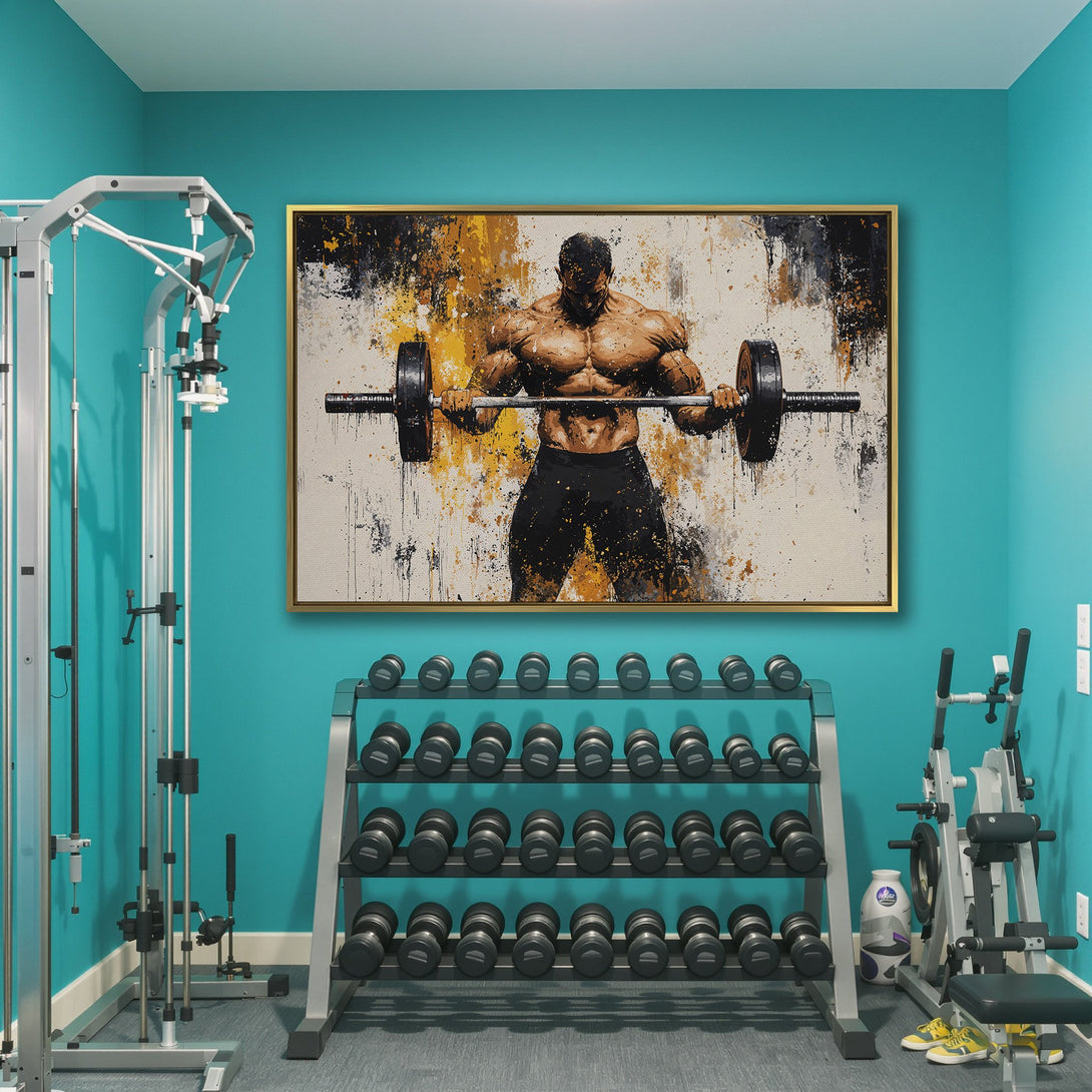 Canvas Print of a muscular weightlifter in a modern, abstract style. Featuring a bold black, yellow, and neutral color palette. Perfect for gym decor.