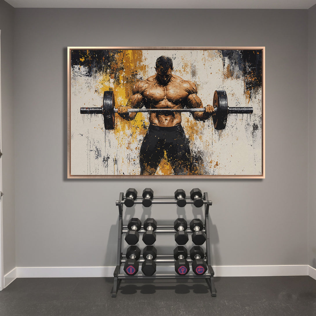 Framed Wall Art: Abstract painting of a weightlifter in a gym, featuring a bold color palette of black, gold, and brown. Perfect for home gyms!