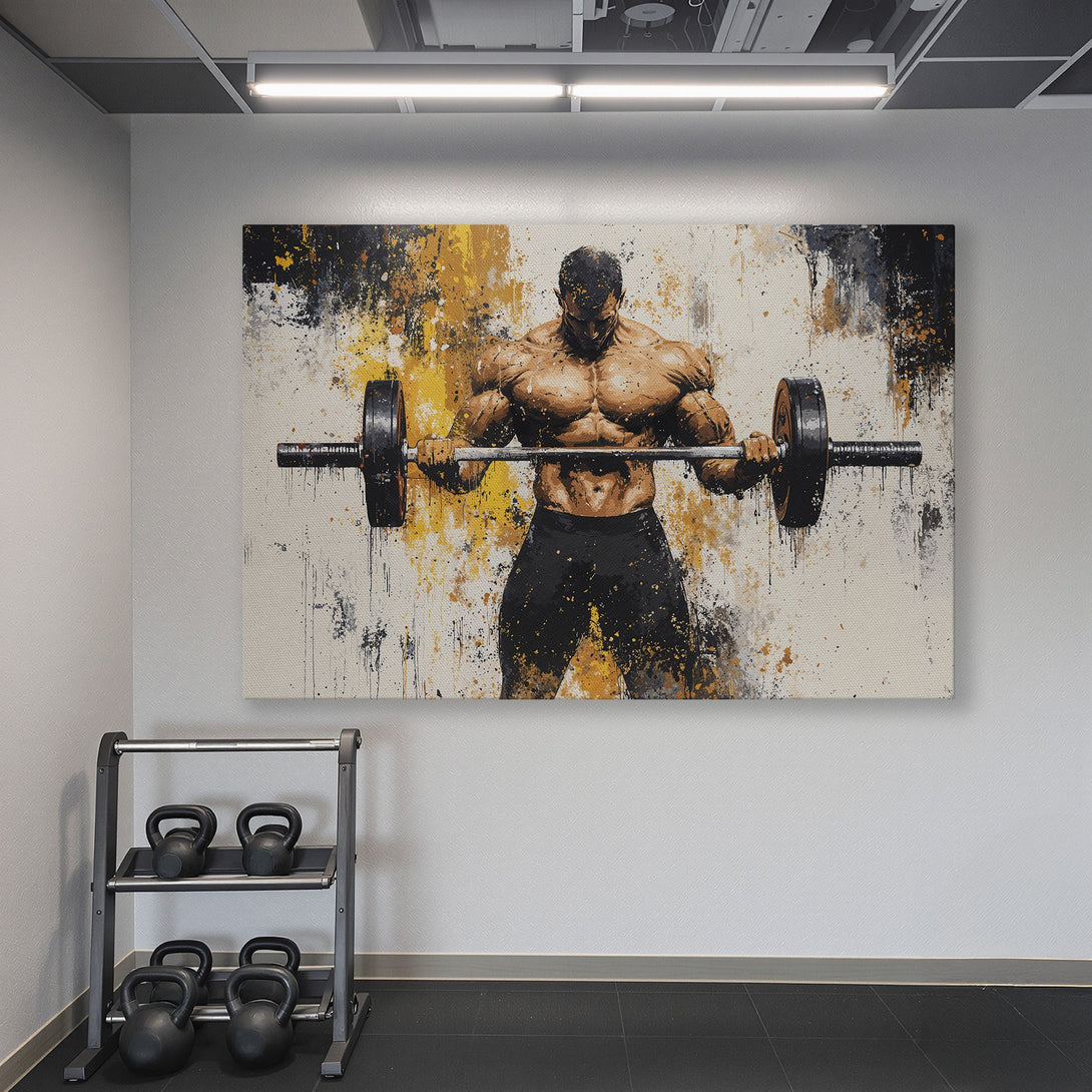 Framed Wall Art: Abstract weightlifter canvas print with gold frame. Modern art in a gym setting. Features black, gold, and neutral tones. Elevate your space!