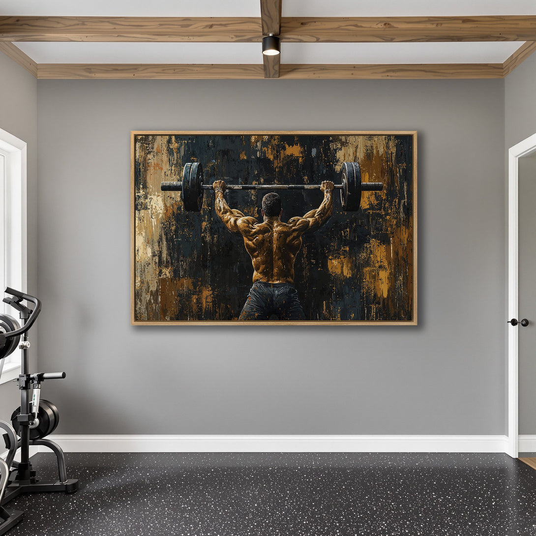 Framed Wall Art of a weightlifter in abstract style, featuring a bold black, gold, and brown color palette, perfect for a home gym.