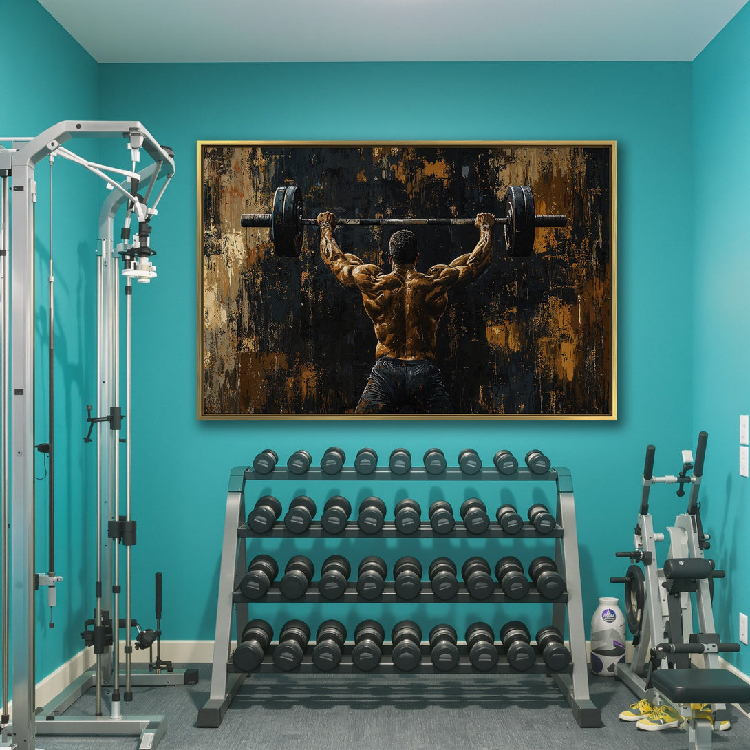 Canvas Print of a weightlifter in a gym. Abstract art style with a dark, gold, and brown color palette. Perfect gym decor!