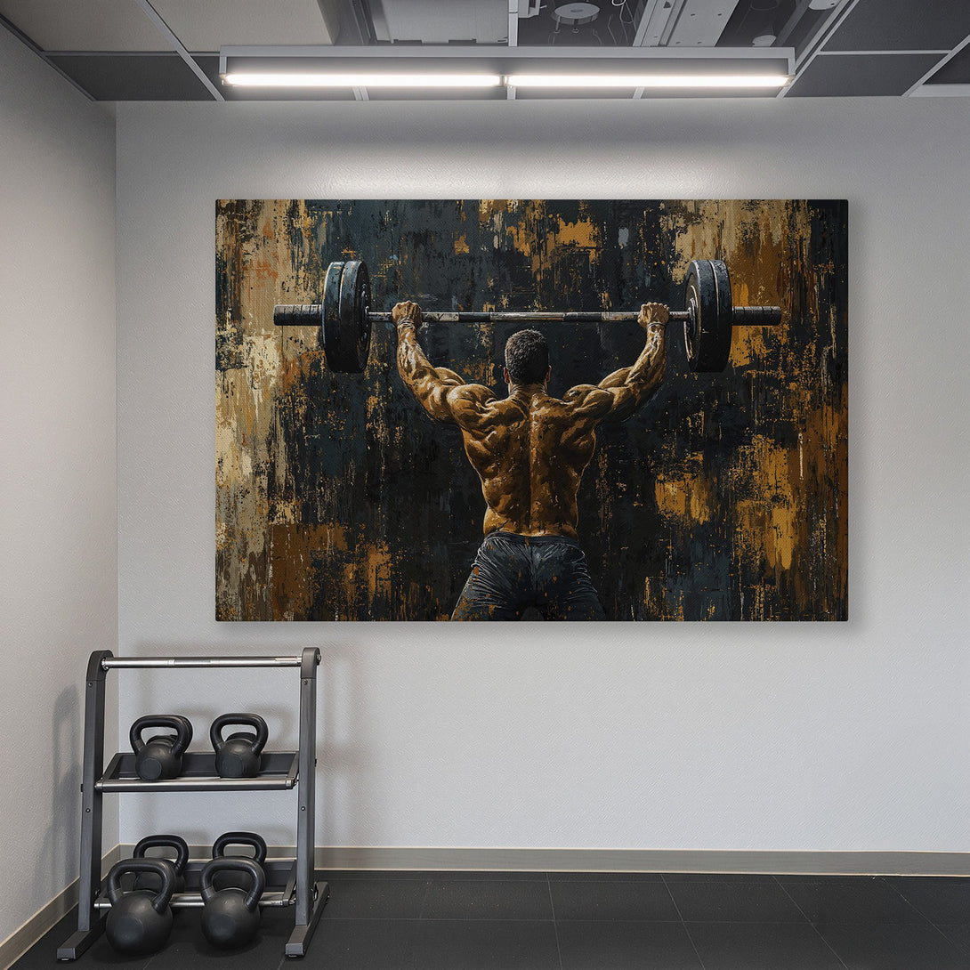 Framed Wall Art: Abstract weightlifter canvas print in a gym setting. Bold black, gold, and brown tones create a powerful statement piece.