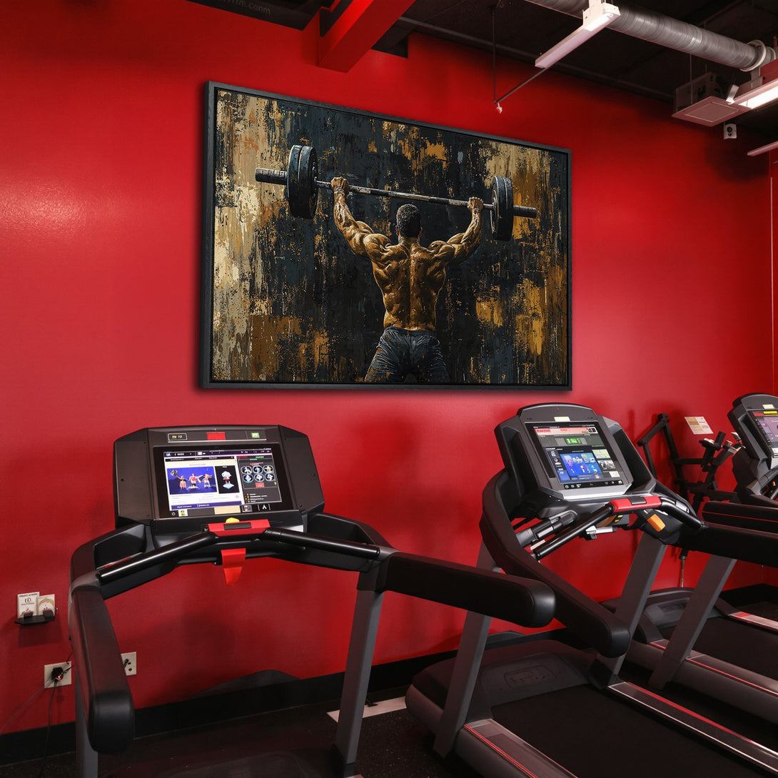 Framed Wall Art: Abstract weightlifter art with a dark, gold, and black palette. Powerful gym decor for your home or fitness studio.