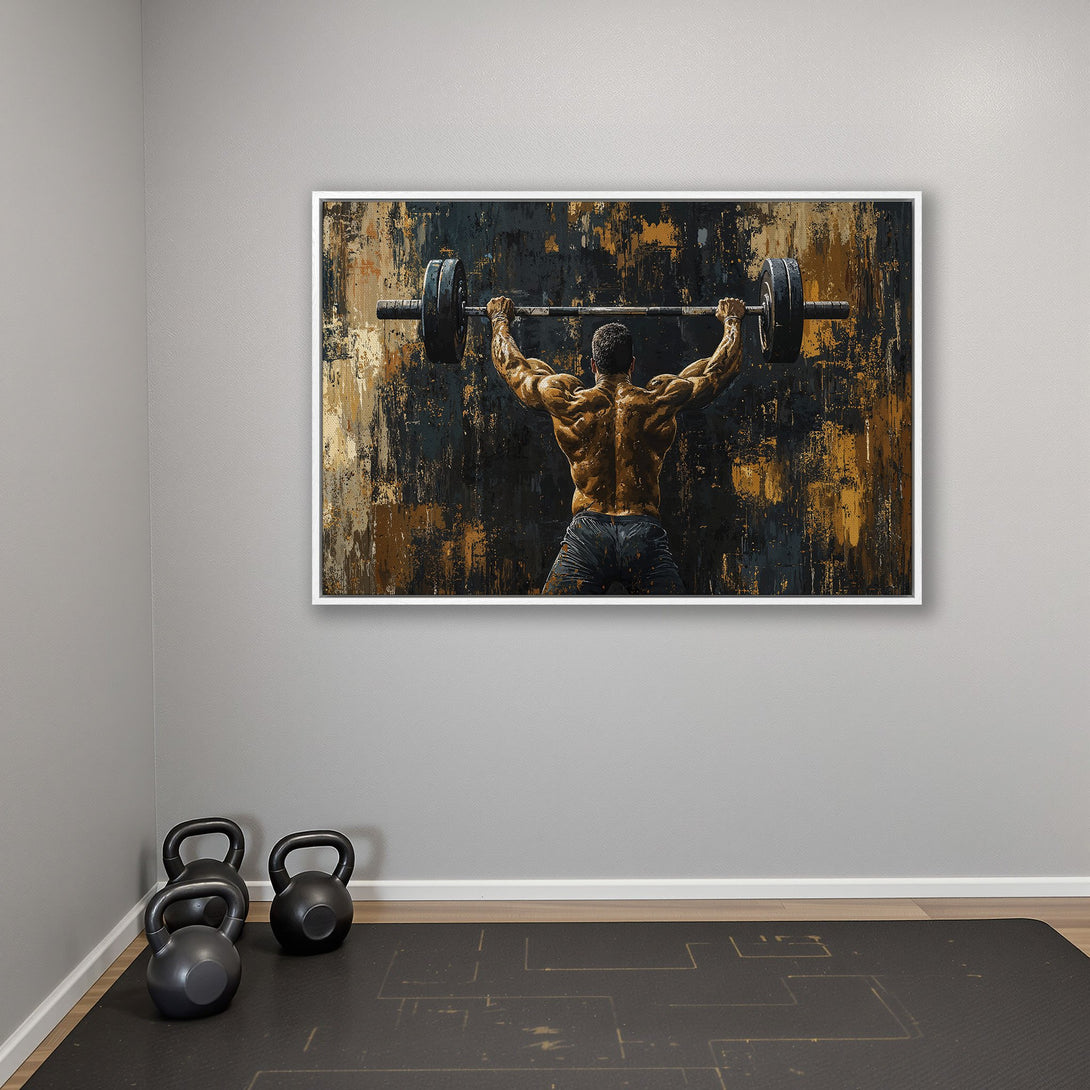 Framed Wall Art: Abstract painting of a weightlifter with a black, gold, and brown color palette. Perfect gym decor to inspire your workout!
