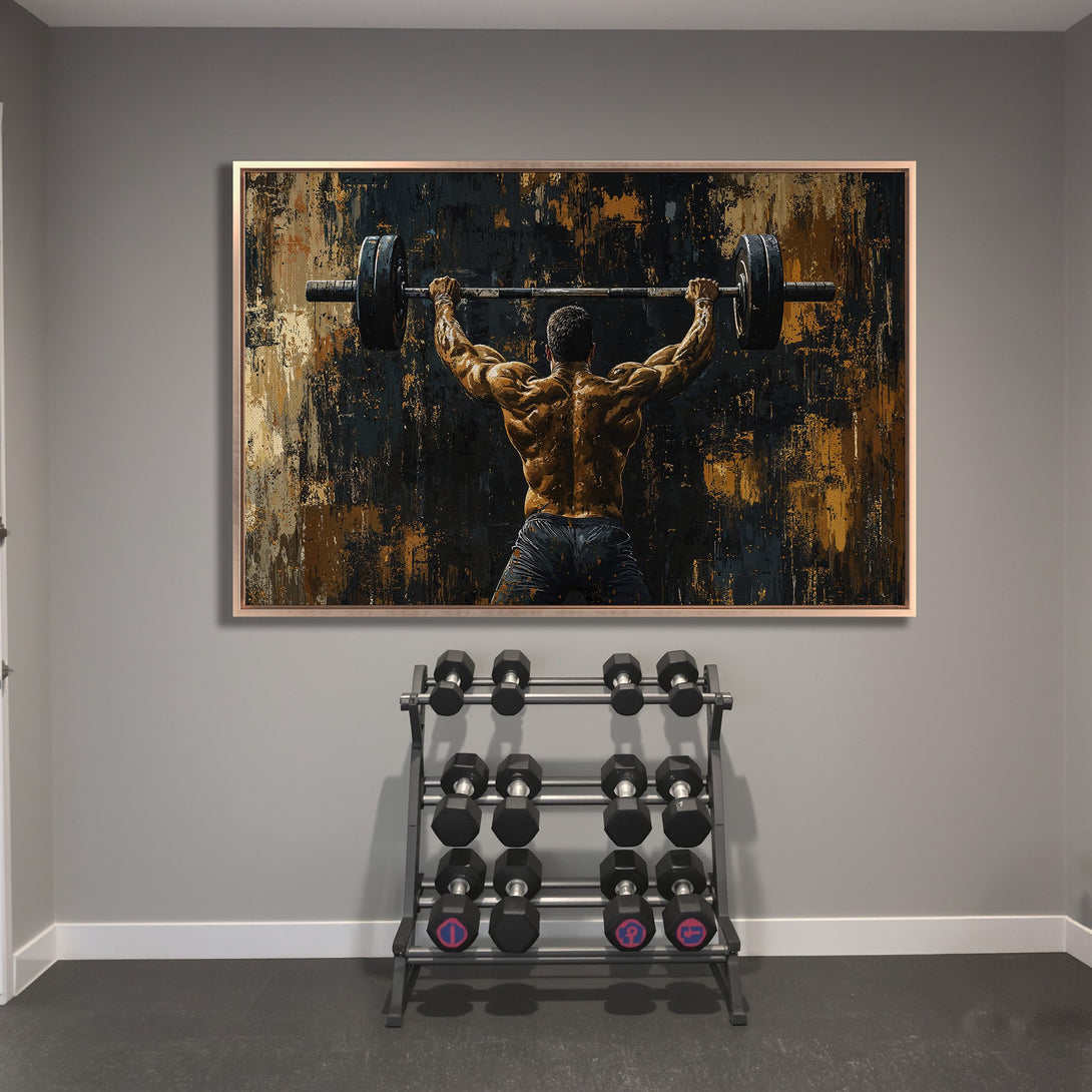 Framed Wall Art: Abstract weightlifter canvas print in a gym. Dark, gold, and brown color palette. Perfect for home gym decor.