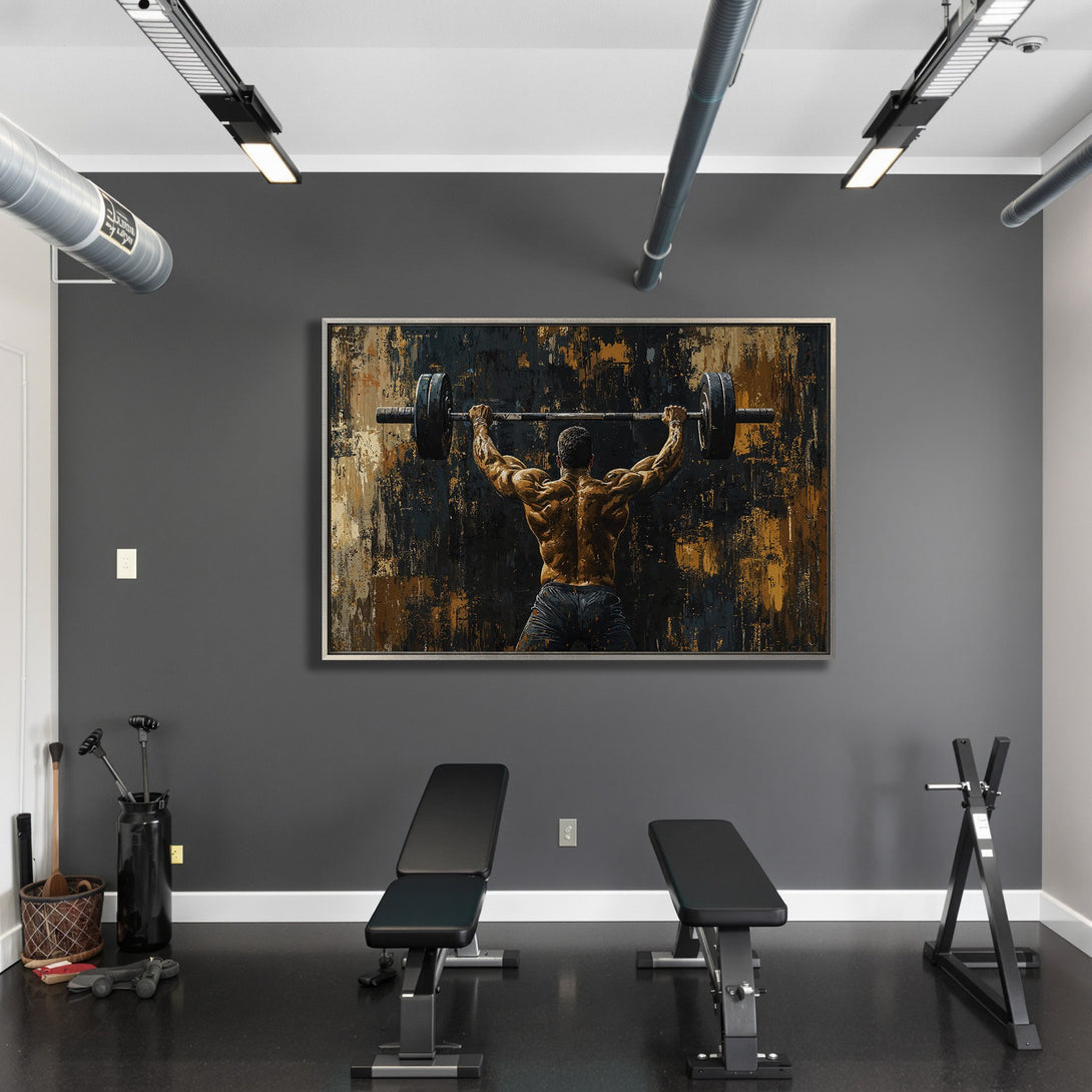 Framed Wall Art: Abstract weightlifter in a gym, featuring a black, gold, and brown color palette. Perfect for home gym decor.