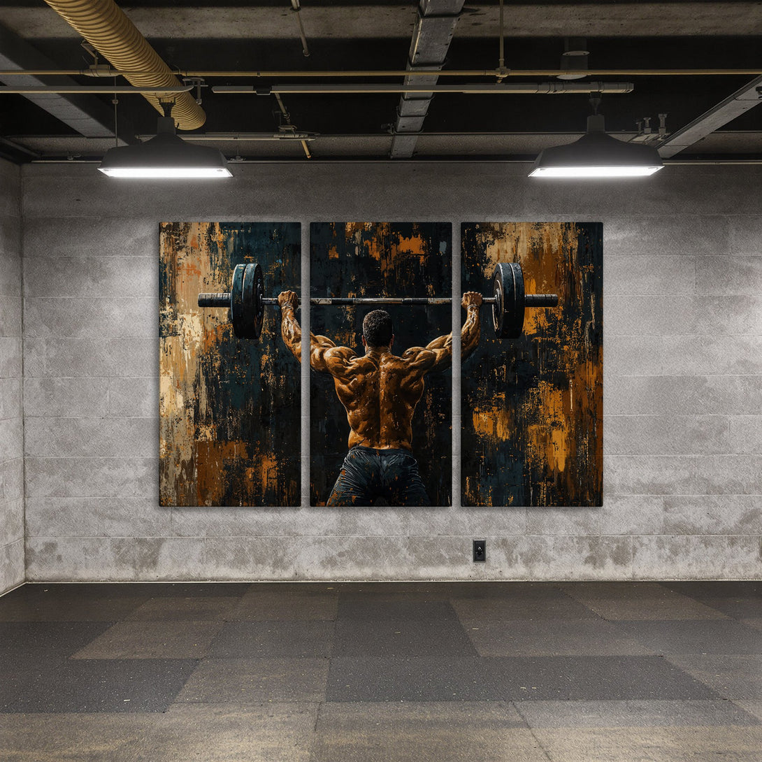 Canvas Print of a weightlifter, abstract art style, with a dark, moody color palette. Perfect for gym decor!