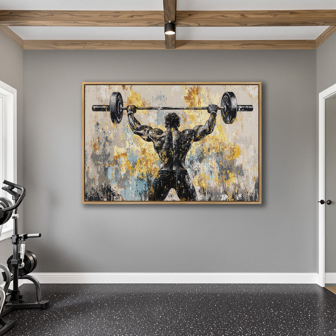 Framed Wall Art: Abstract weightlifter canvas print in a gym. Features a black, gold, and gray color palette. Perfect for a home gym!