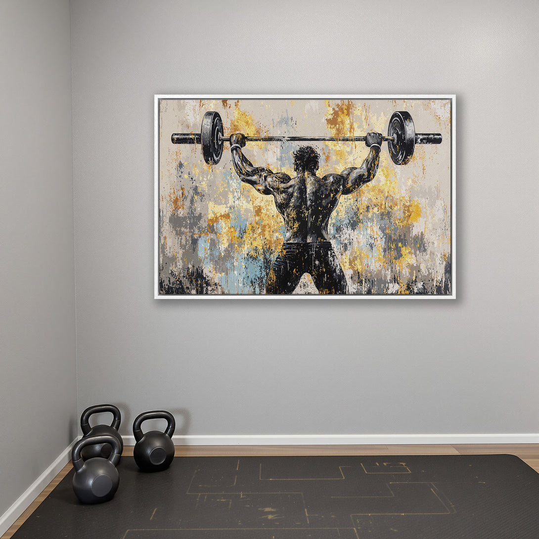 Framed Wall Art: Abstract canvas print of weightlifter in a gym. Features a bold, textured style with a muted color palette of gray, gold, and black.