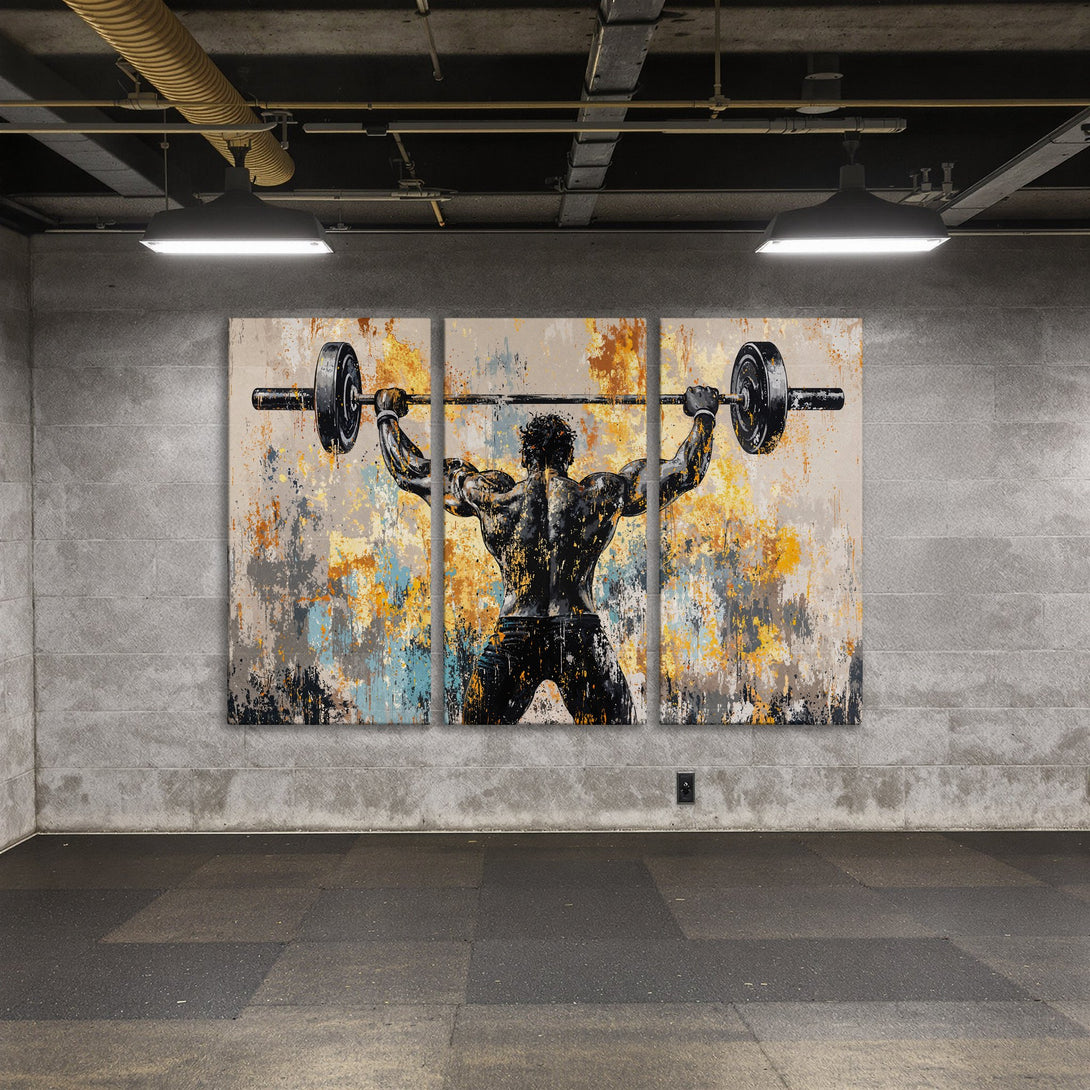 Canvas Print of a weightlifter in an abstract style with a neutral, yellow, and blue color palette. Perfect for a gym or home decor.