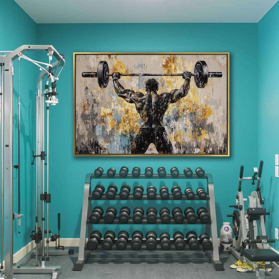 Canvas Print of a weightlifter in a gym. Abstract style with a neutral, yellow, and blue color palette. Perfect for home or gym decor.