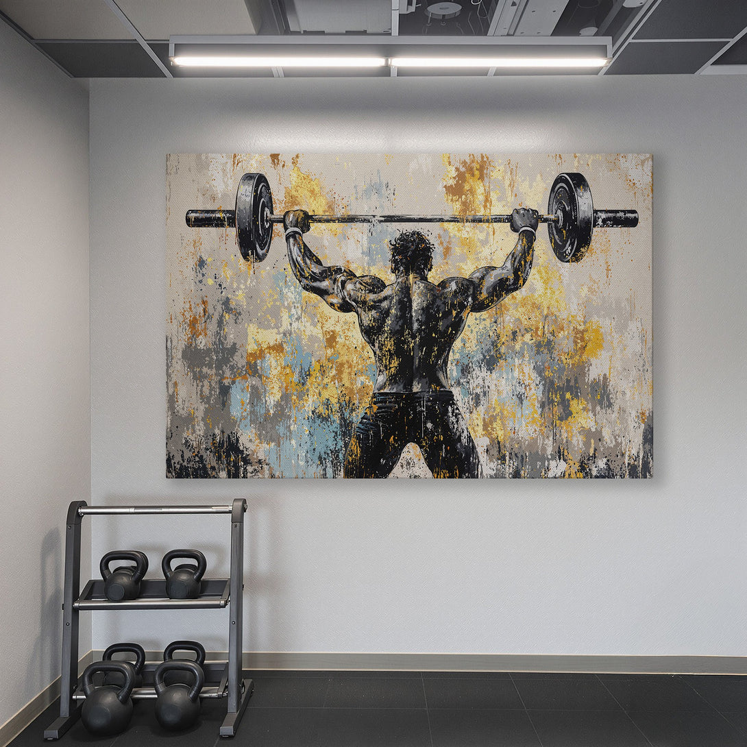 Framed Wall Art featuring a weightlifter in a gym. Abstract style with gold, gray, and black tones. Perfect for home gym decor.