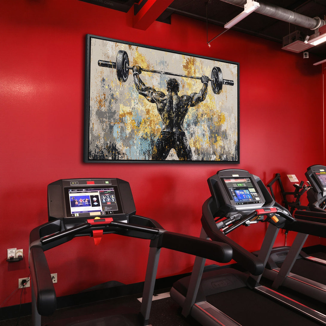 Framed Wall Art: Abstract weightlifter painting in a gym with a bold red backdrop. Modern art with a gold, gray, and black color palette. Perfect for fitness enthusiasts!